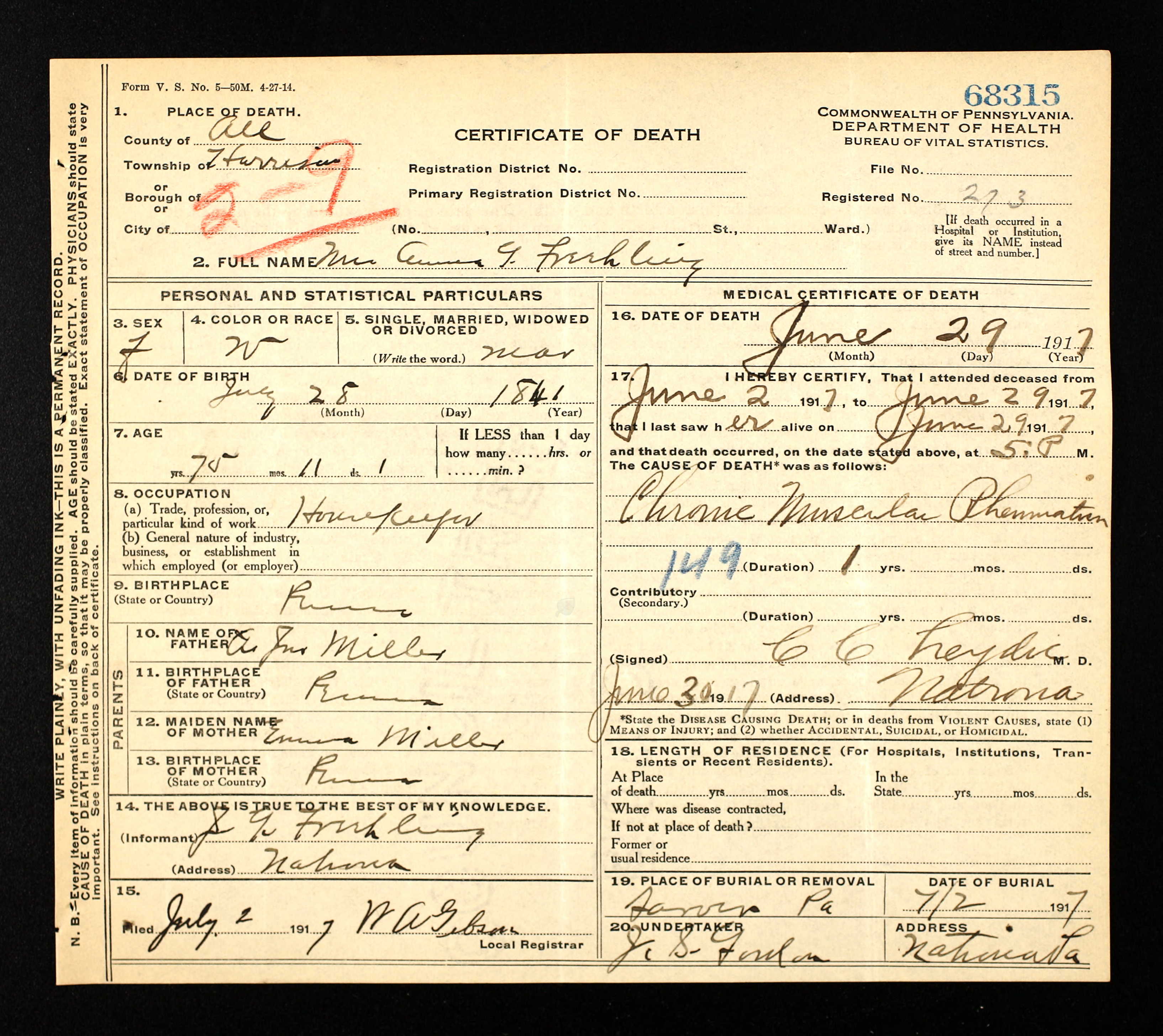 Anna G. (Miller) Freehling death certificate