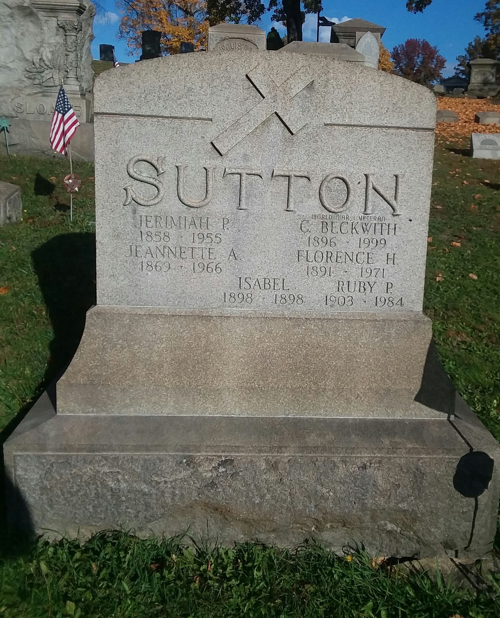 Jeremiah P and Jeannette A Sutton tombstone with other people